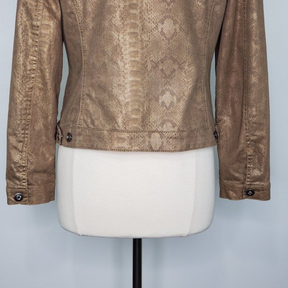 Dressbarn Brown Gold Snakeskin Print Stretchy Bling Buttons Jean Style Jacket M - Picture 10 of 15